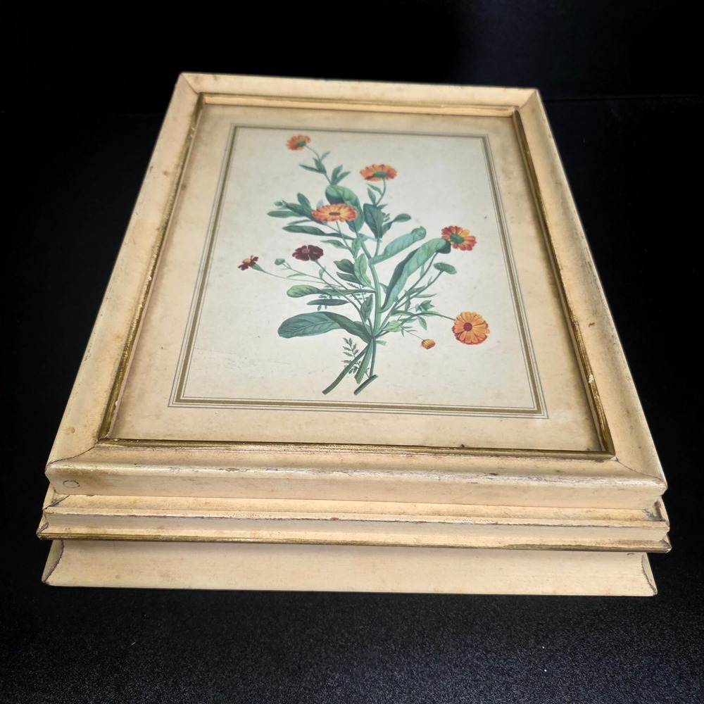 Cottage Core Jewelry Box Cream Vintage Botanical Floral Gold Gilt Mirror Decor